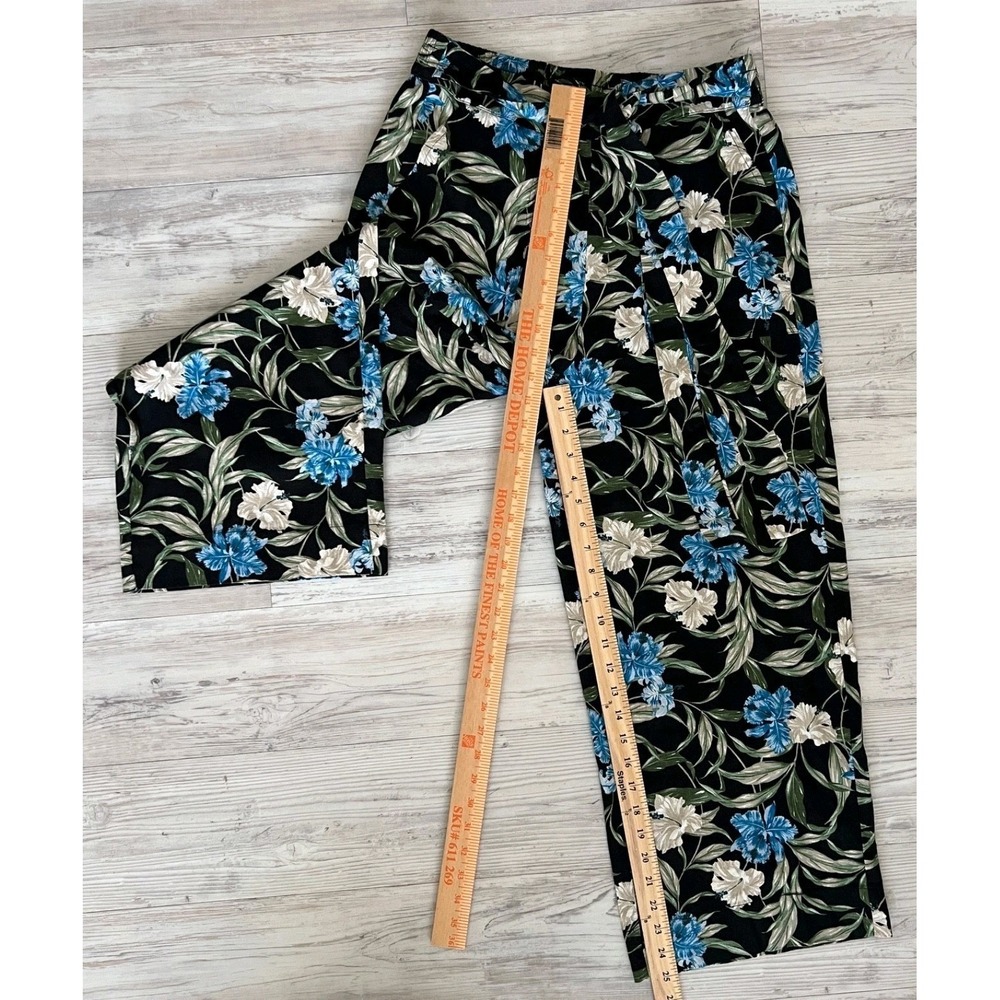 Kensie Floral Linen Blend Tie Front Crop Pants Women M Blue Blk Floral Tropical - Picture 4 of 10